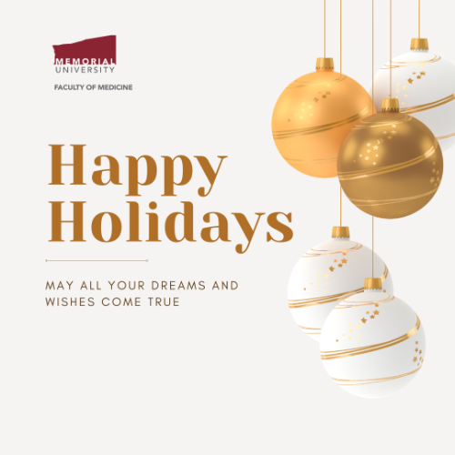 A white graphic with gold-and-white bulb-style decorations on the right side. The Faculty of Medicine logo is in the top-left corner. Gold text reads 'Happy Holidays' in large font, then 'May all your dreams and wishes come true' in smaller font underneath.